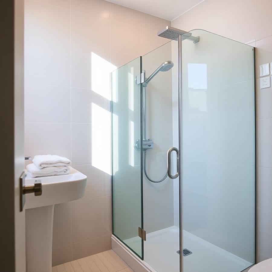 Spotless bathroom with folded towels and clear glass shower