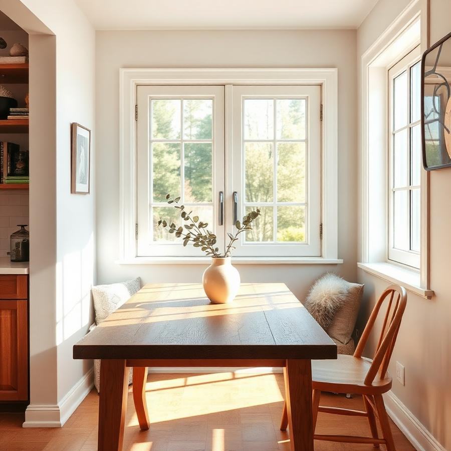 Sunlit dining nook with clean surfaces and fresh greenery