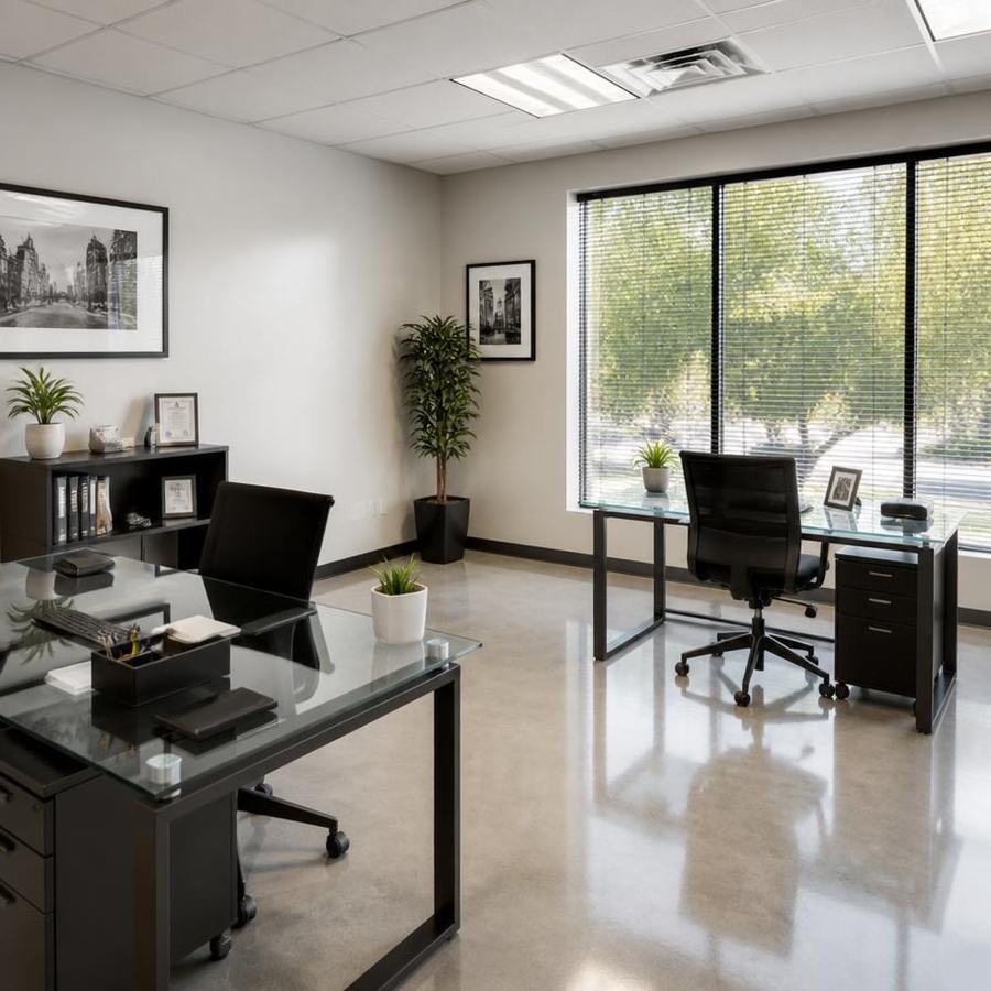 Spotless private office with polished desks and clear floors