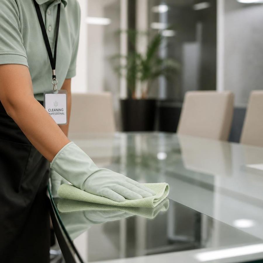 Cleaning professional wiping down a glass conference table in an office